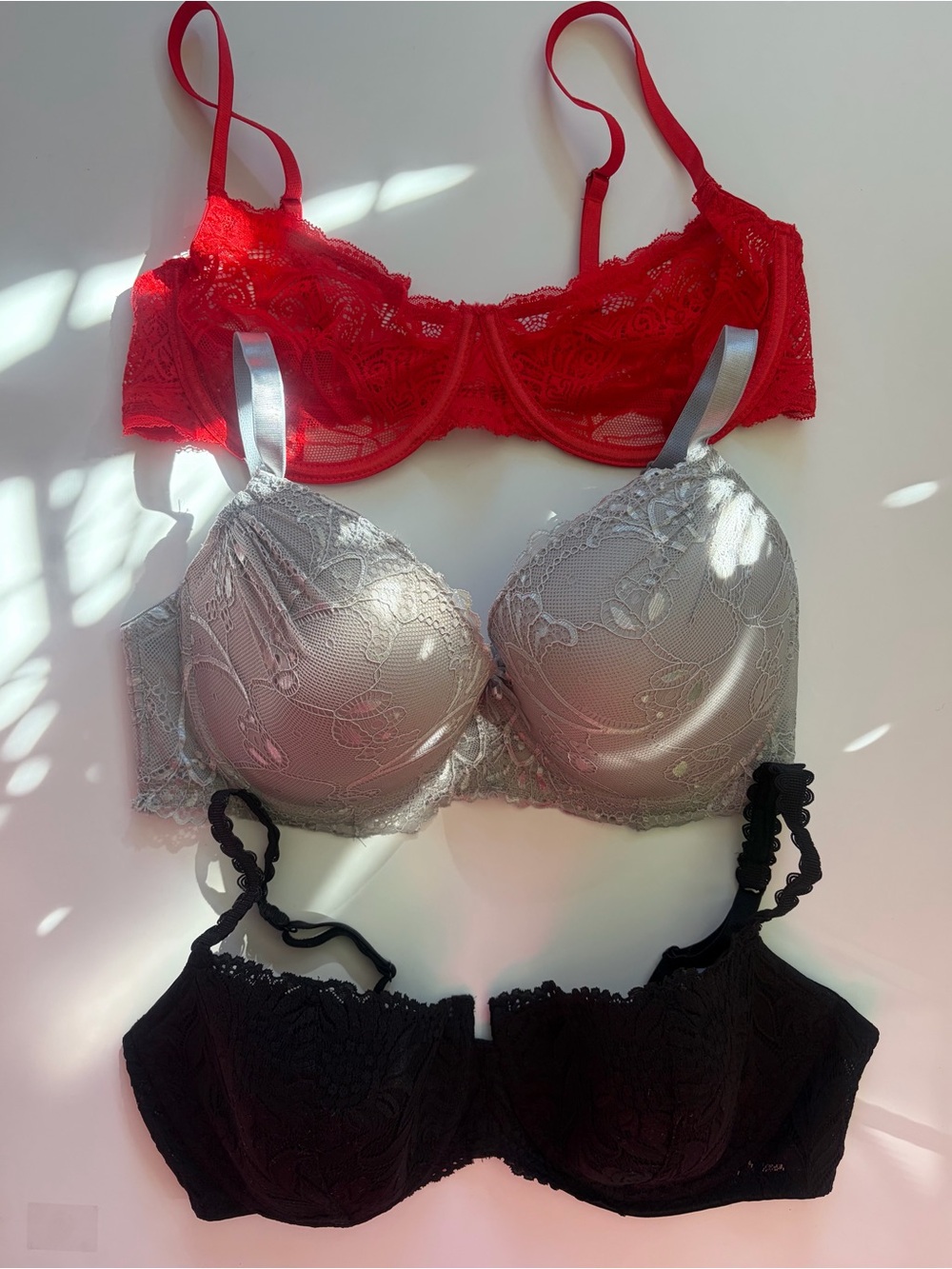 3-Pack bundle value  Lace Bras - Red, Silver, Black size 38D